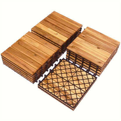 Interlocking Deck Tiles Acacia Wood – 27-Pack 27 Sq Ft, 12x12 Inch Oil-Finished Slat Patio Tiles for Outdoor Patio, Balcony & Garden | Easy No-Tool Install, Indoor & Outdoor Flooring