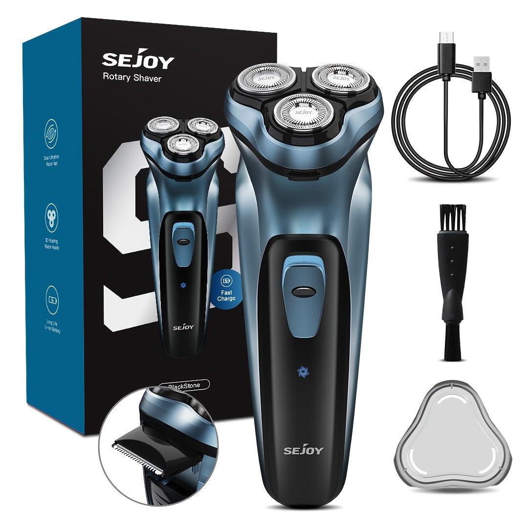 Electric Razor for Men – Wet & Dry Rechargeable Electric Shaver with Pop-Up Trimmer – Rotary Face Shaver for Close Comfortable Shave – Blue, Gray & Green