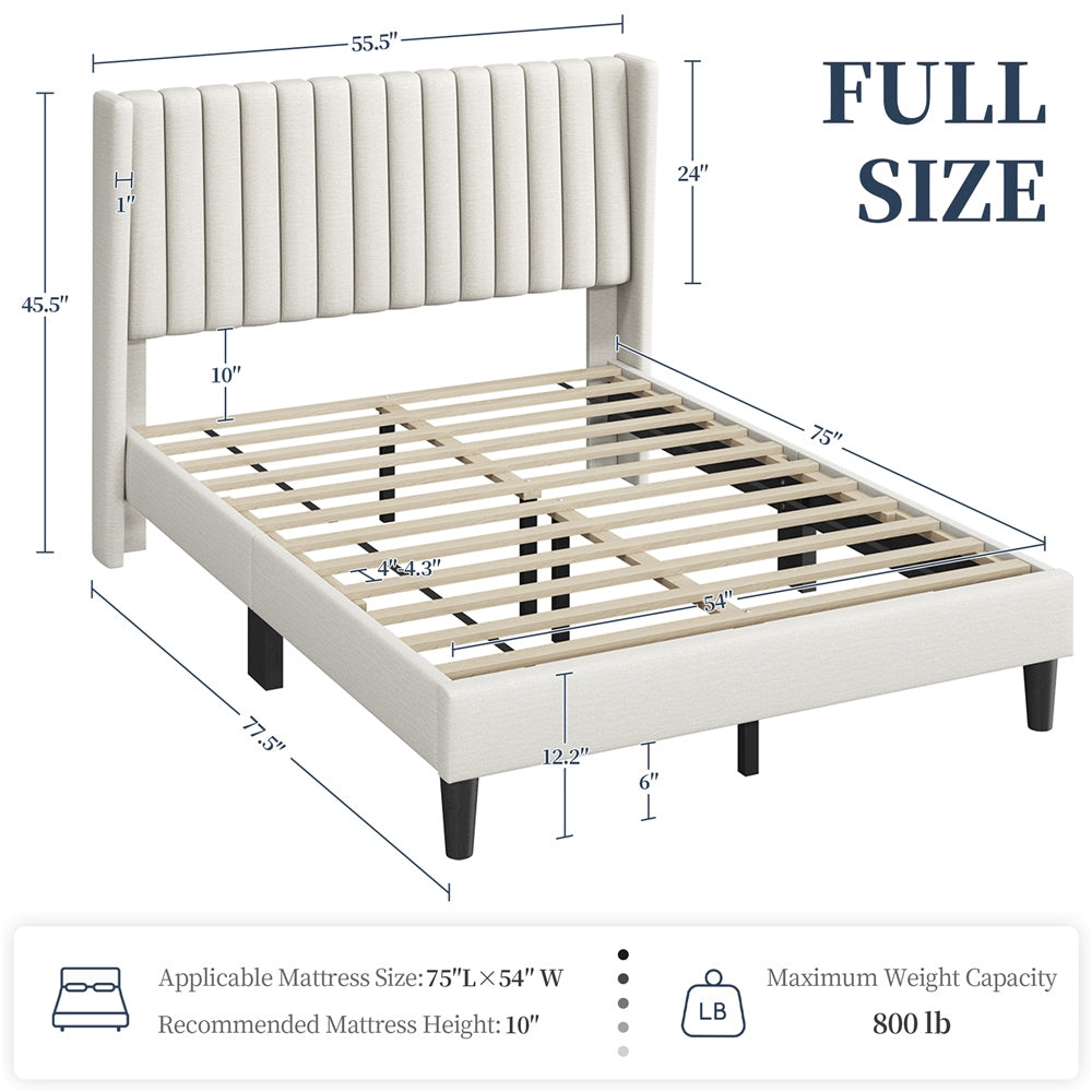 ALDEN DESIGN Bed Frame, Upholstered Bed Frame with Wing Side, Fabric Upholstered Bed with Headboard, Platform Bed Frame with Channel Tufted Headboard, Mattress Foundation with Wood Slat Support, No Box Spring Needed,King/Queen/Full, Ivory/Dark Gray/Black/