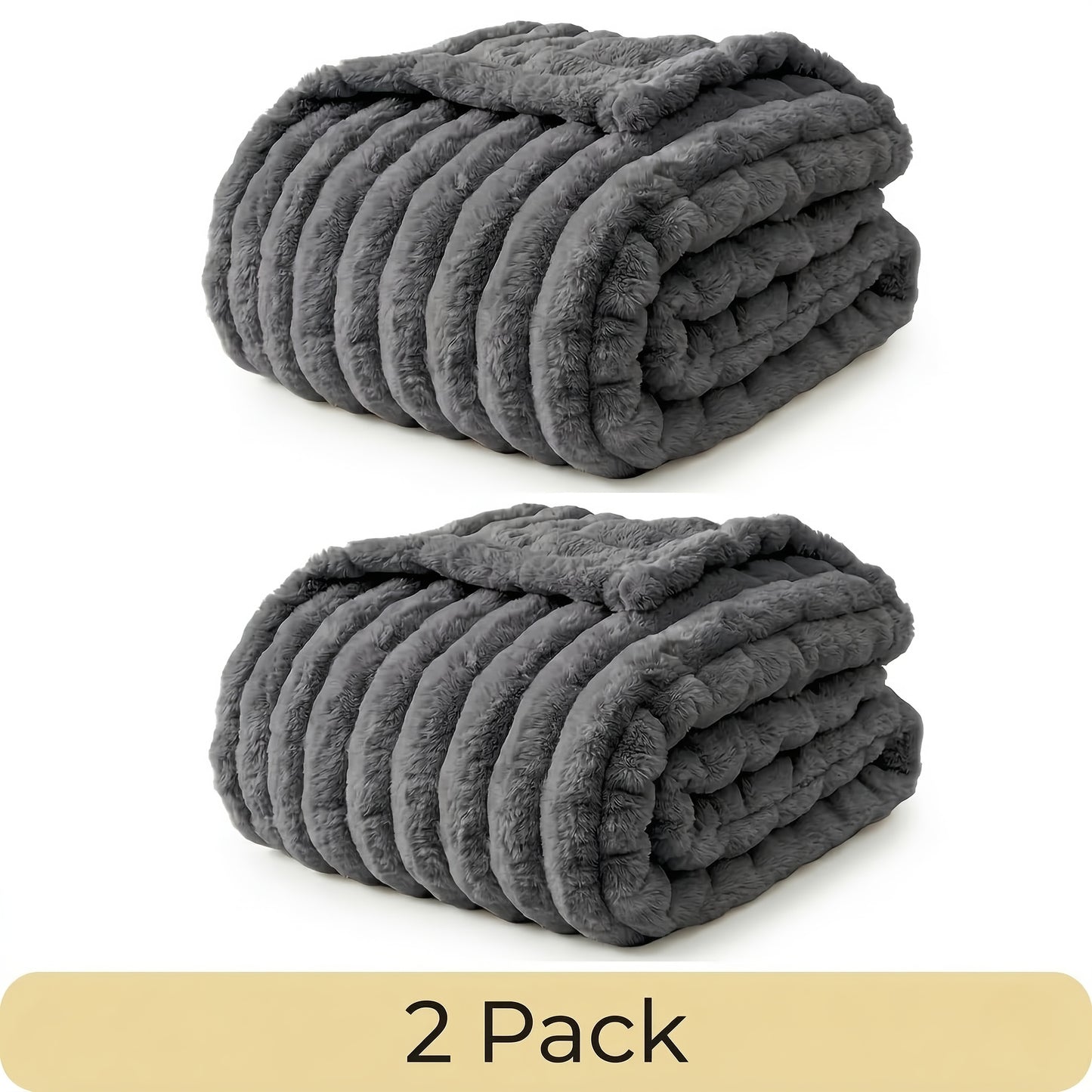 Faux Fur Rabbit Blanket Set of 2 – 260GSM Striped Luxury Plush Throw, OEKO-TEX Certified, Machine Washable, Cozy Sofa & Bed Blanket for Women & Men, Multiple Colours