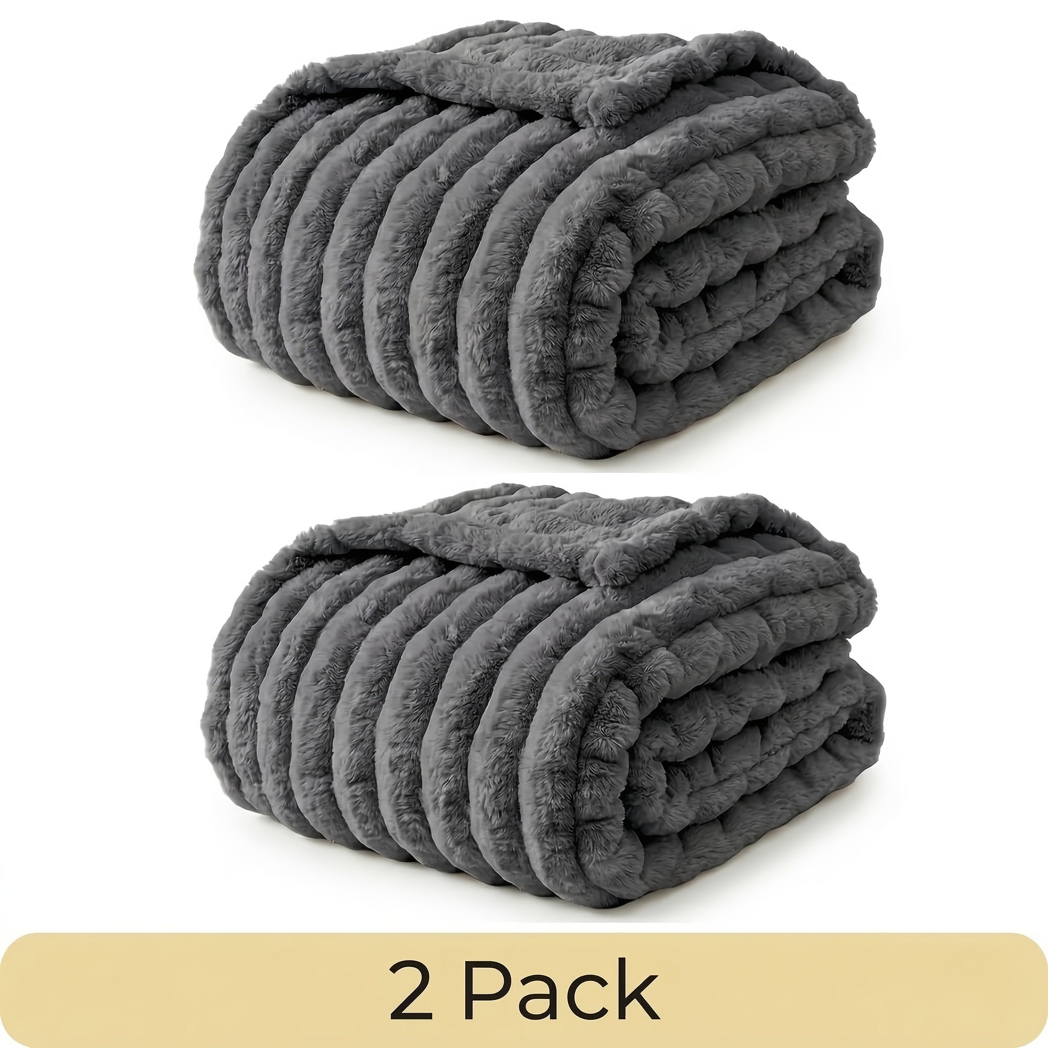 Faux Fur Rabbit Blanket Set of 2 – 260GSM Striped Luxury Plush Throw, OEKO-TEX Certified, Machine Washable, Cozy Sofa & Bed Blanket for Women & Men, Multiple Colours