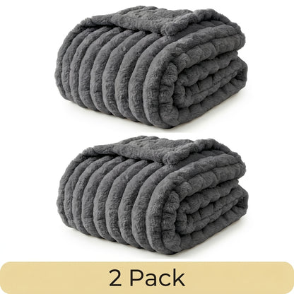 Faux Fur Rabbit Blanket Set of 2 – 260GSM Striped Luxury Plush Throw, OEKO-TEX Certified, Machine Washable, Cozy Sofa & Bed Blanket for Women & Men, Multiple Colours