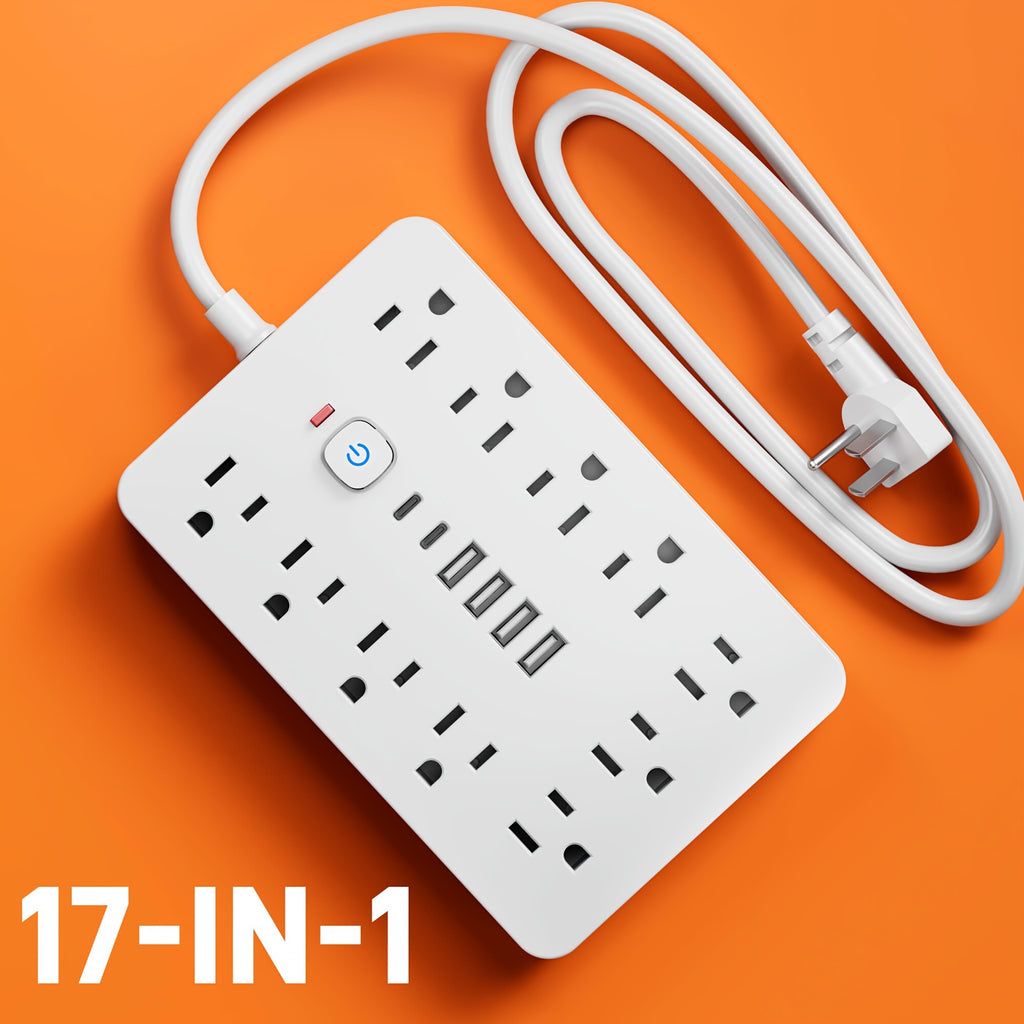 17-in-1 Power Strip Surge Protector, 11 AC Outlets & 6 USB Ports (2 USB-C), On/Off Switch, 5ft & 10ft Extension Cord – Ideal for Office, Kitchen, Dorm, Travel – Black & White