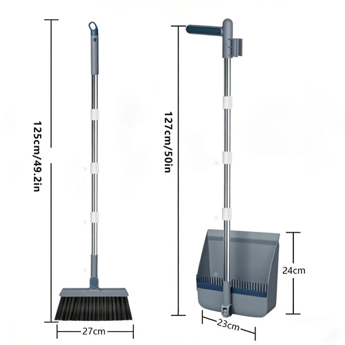 2-in-1 Foldable Broom and Dustpan Set with Rotating Design – Upright Standing, No-Bend Sweeping, Multi-Functional Household Cleaning Tool for Home Kitchen Bathroom, Blue & Grey