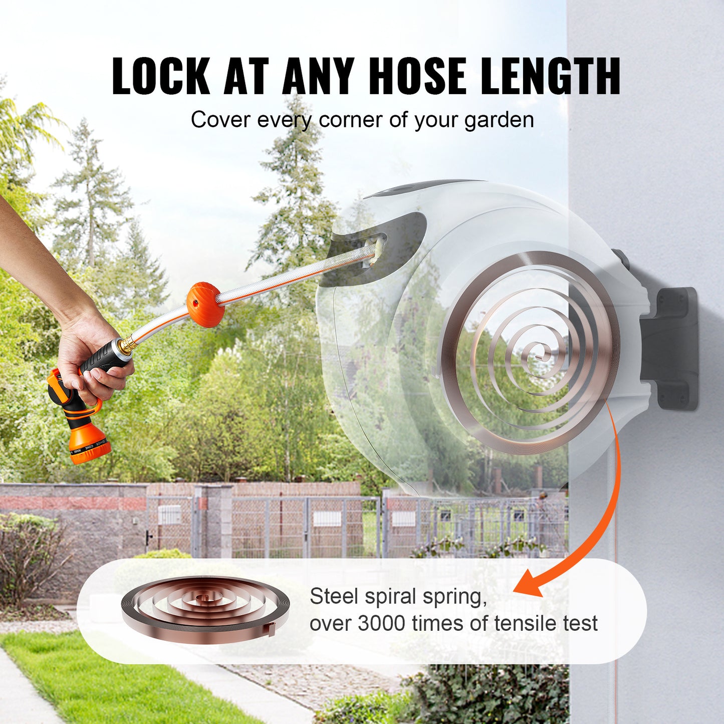 Retractable Hose Reel Wall Mounted 180° Swivel - Auto Rewind Garden Water Hose Reel 65 to 130 Ft with 9-Pattern Nozzle, Locking System & All-Weather Shell for Lawn, Car Wash & Pet Cleaning