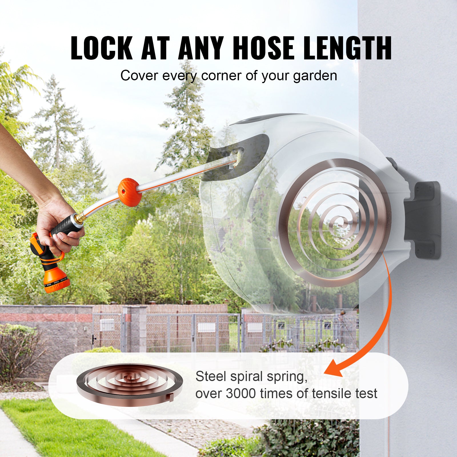 VEVOR Retractable Hose Reel Water Hose Reel 65'x5/8" / 84'x5/8" / 100'x1/2" / 115'x1/2" / 130'x1/2" 180° Swivel Wall-Mounted