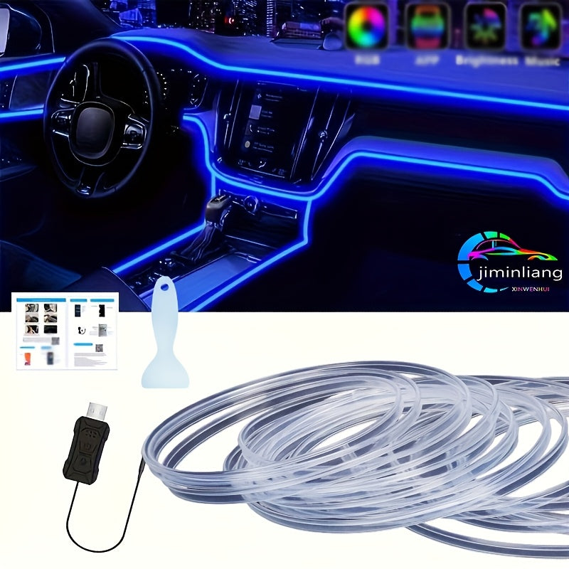 Car Interior LED Light Strip RGB USB 196-Inch Cuttable, 8-Colour Smart Neon Ambient Lighting Kit with Music Sync for Car Doors Console Dashboard – Flexible Automotive LED Strips