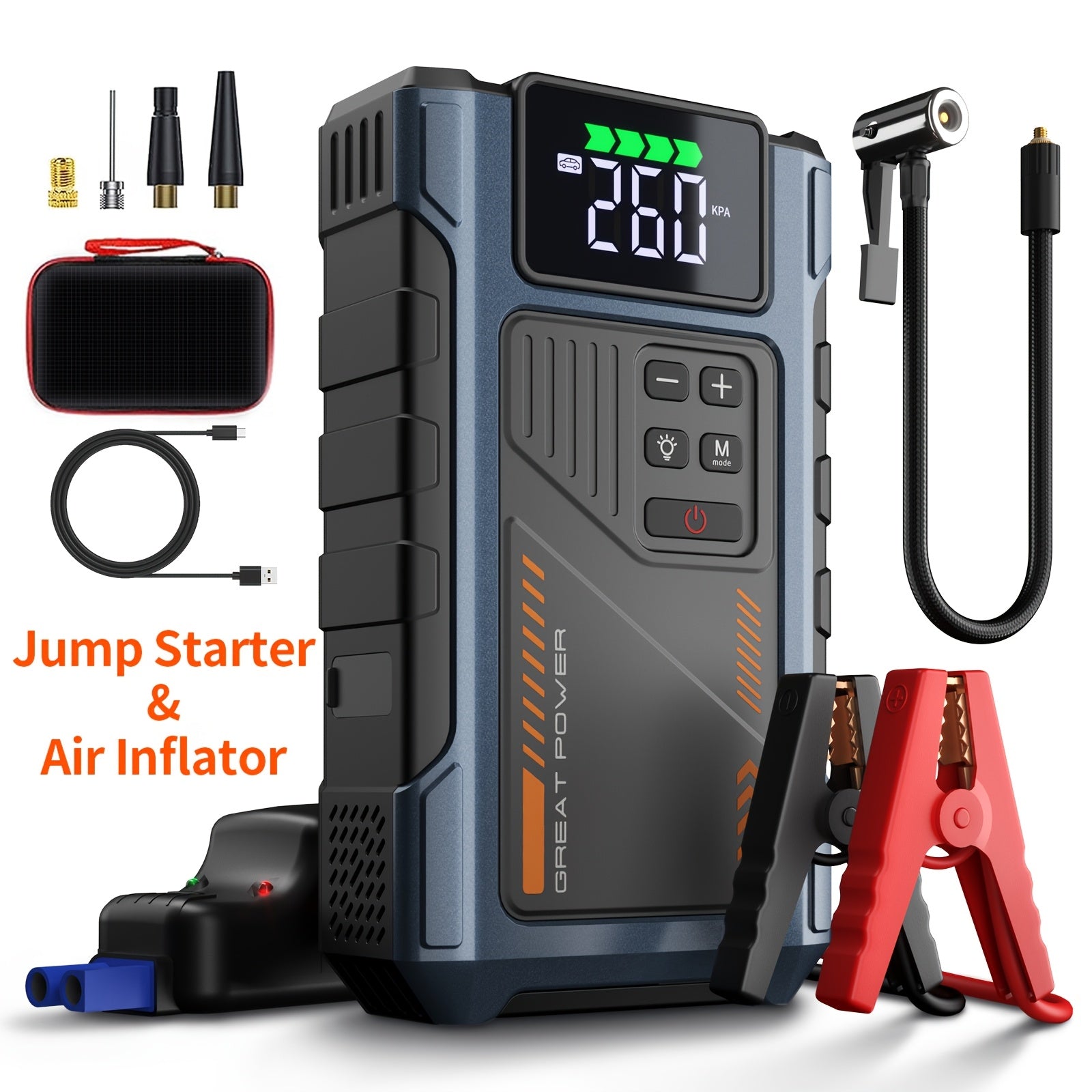 6000A Peak Car Jump Starter with Air Compressor 150PSI – 12V Lithium Battery Booster for Gas & Diesel Engines, USB Power Bank, Quick Charge, LED Emergency Light – Canada