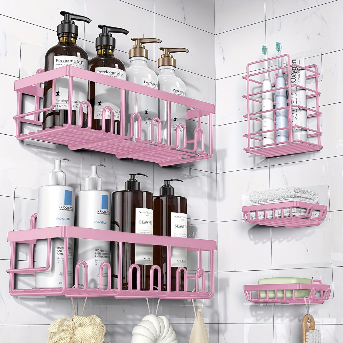 Adhesive Shower Caddy Organizer 5-Pack – No Drilling Rustproof Stainless Steel Shower Shelves with Soap Holder, Wall-Mounted Bathroom Storage Rack for Renters & Families