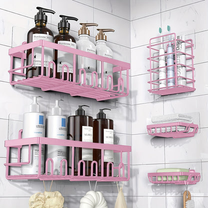 Adhesive Shower Caddy Organizer 5-Pack – No Drilling Rustproof Stainless Steel Shower Shelves with Soap Holder, Wall-Mounted Bathroom Storage Rack for Renters & Families