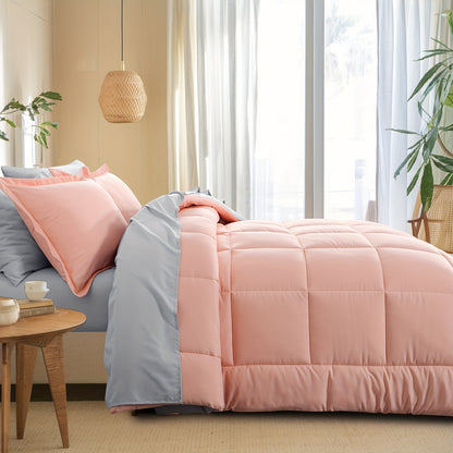 7pcs Reversible Bedding Set Soft Microfiber – Lightweight Breathable Comforter Flat Sheet Fitted Sheet & Pillowcases, All-Season Family Bedding Gift Set