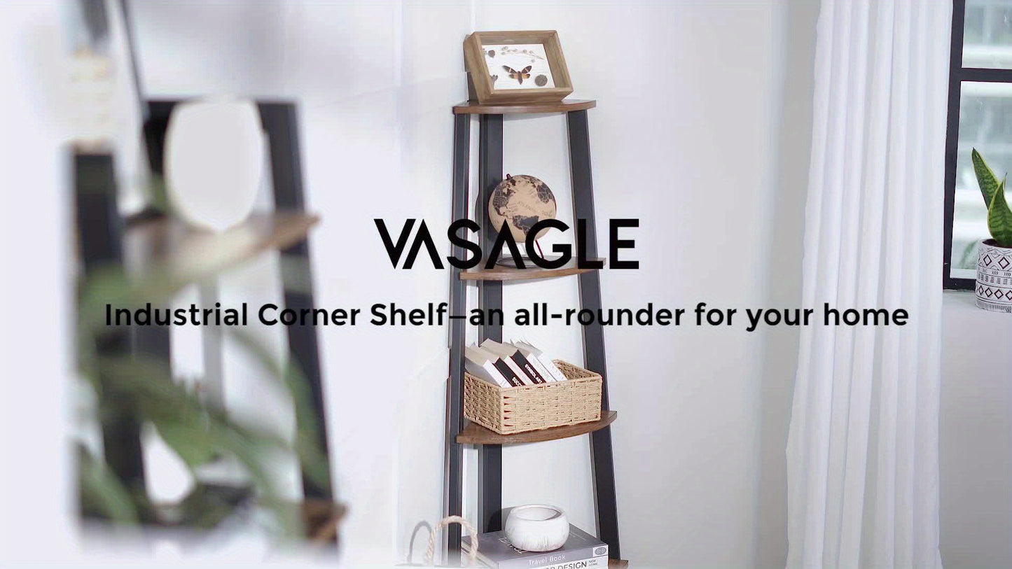 4-Tier Industrial Corner Shelf Plant Stand with Steel Frame - Corner Bookshelf Storage Shelving Unit Rustic Brown Black for Living Room Office Hallway Bedroom Canada
