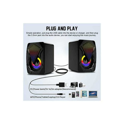 RGB LED Gaming Desktop Soundbar Speaker, USB Powered with Dynamic Lighting, Stereo Surround Sound, 3.5mm AUX Input – Compatible with PC, Laptop, Monitor, Xbox, PS5 & Gaming Setups