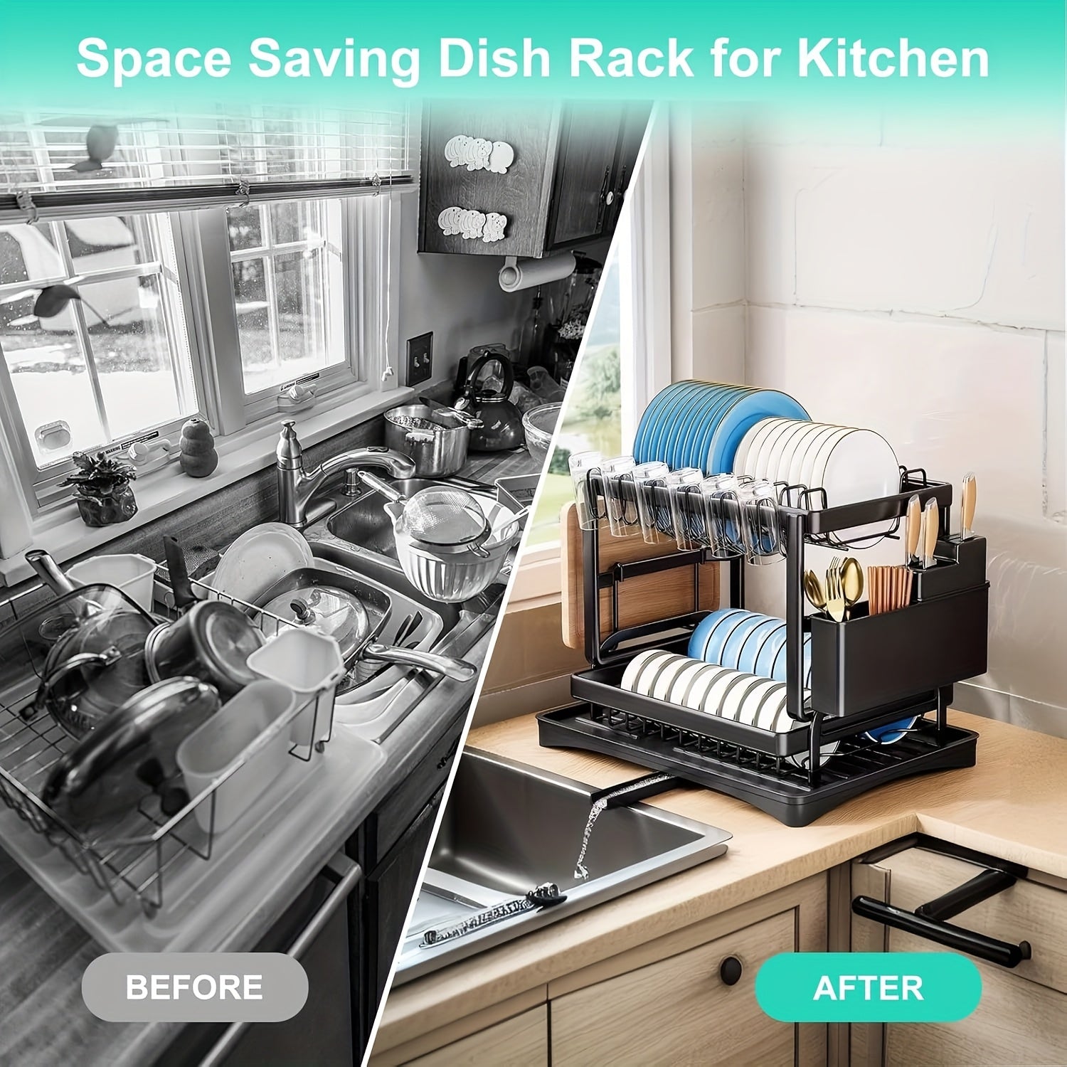 Food Service Tools And Tableware, 2-Layer Carbon Steel Dish Drainer with Drip Tray And Utensil Rack, Kitchen Counter Dish Drying Rack