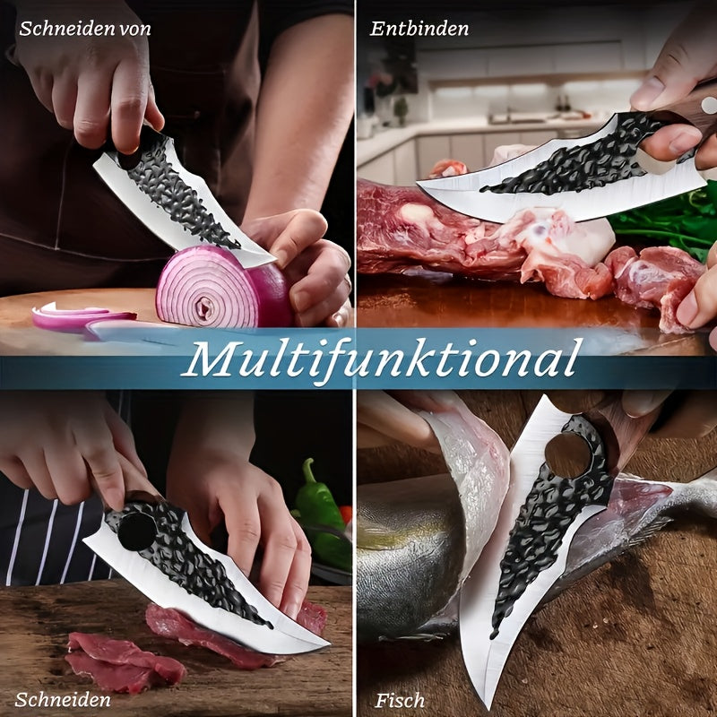 Hand-forged Chef's Knife with Hammered Pattern, Full-tang Curved Handle, Includes Leather Sheath And Gift Box; Ideal for Meat, Fish, Vegetables, Professional Outdoor Use, Stylish, Sturdy Riveted Handle
