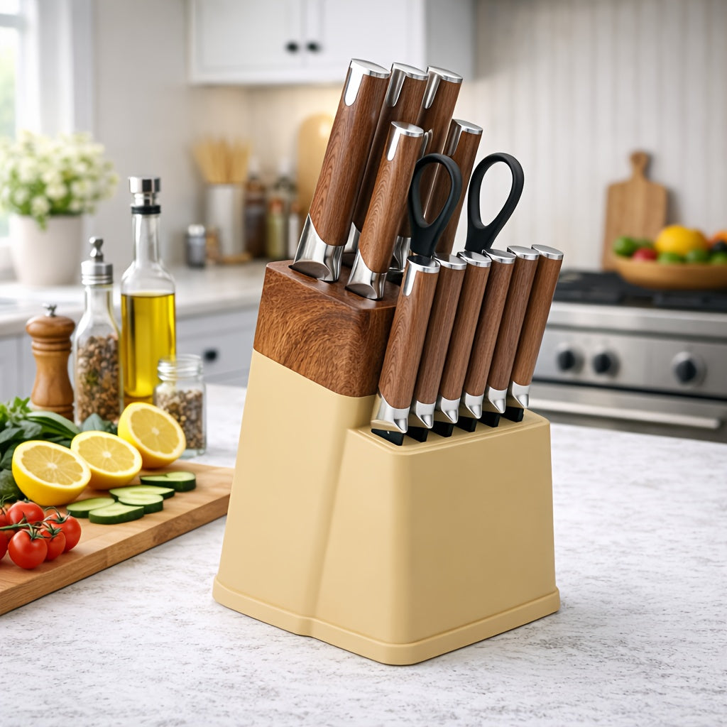 13-Piece Kitchen Knife Set with Block & Holder – 6 Steak Knives, Chef Knife, Bread Knife & Scissors Included – Sharp Stainless Steel Blades – Housewarming Gift for Home Cooks