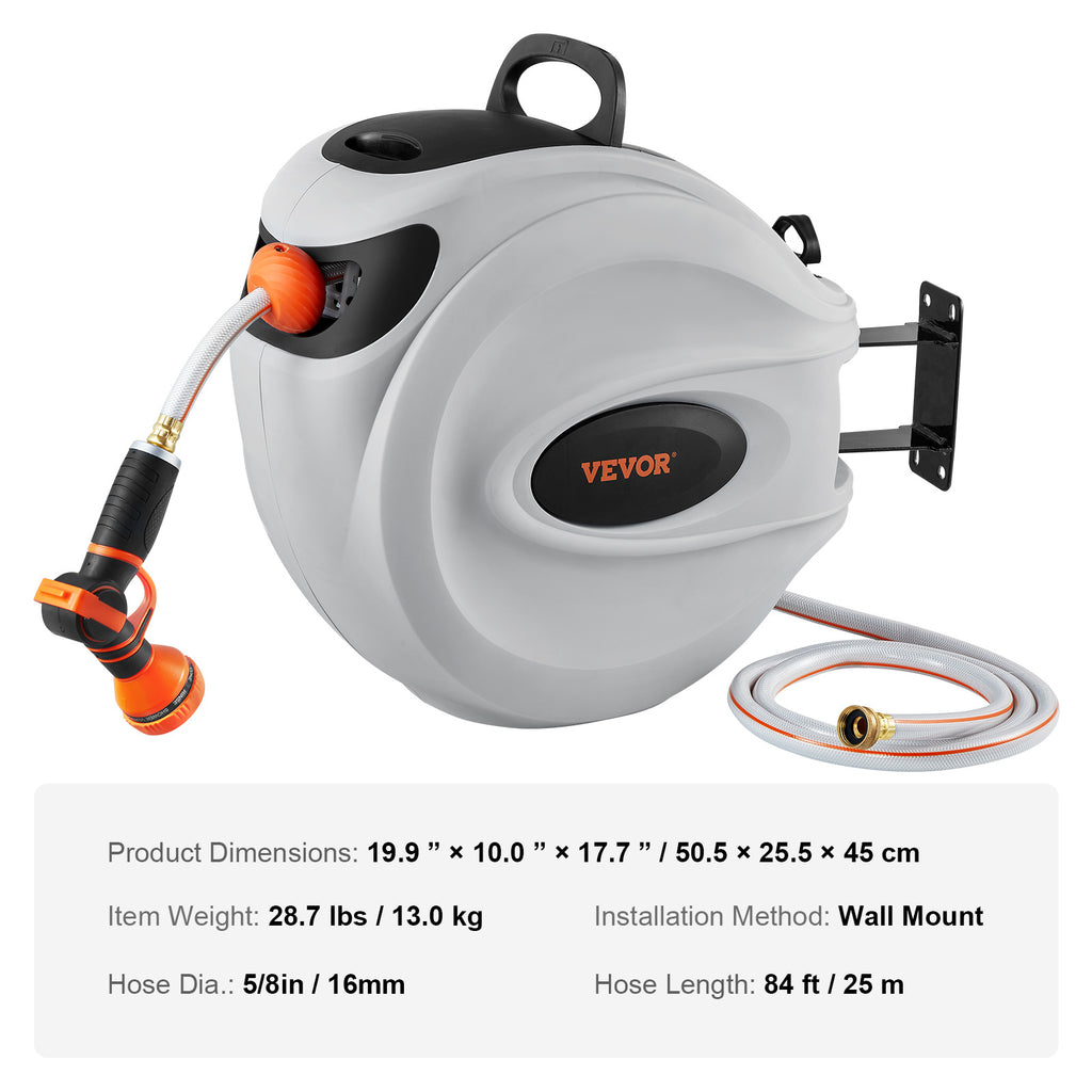 VEVOR Retractable Hose Reel Water Hose Reel 65'x5/8" / 84'x5/8" / 100'x1/2" / 115'x1/2" / 130'x1/2" 180° Swivel Wall-Mounted