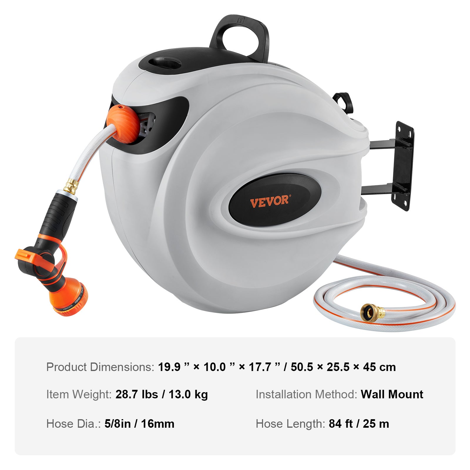 VEVOR Retractable Hose Reel Water Hose Reel 65'x5/8" / 84'x5/8" / 100'x1/2" / 115'x1/2" / 130'x1/2" 180° Swivel Wall-Mounted
