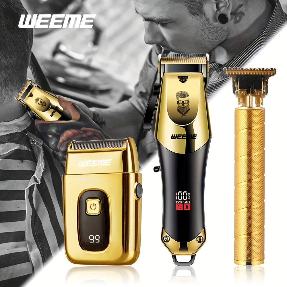 WEEME 1pc/3pcs Men's Grooming Kit, Golden Balck Hair Clippers with LCD Display, USB Rechargeable, 8 Guide Combs, Trimmer And Shaver, with Cleaning Brushes And Comb, Perfect Valentine'sGift for Men.