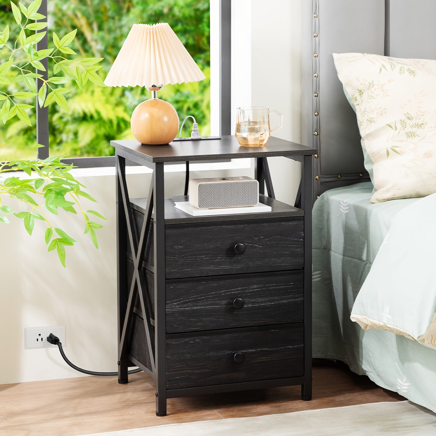 LED Nightstand with Charging Station & Fabric Drawers – Modern Bedside Table End Table for Bedroom Living Room, Better Storage (1pc or 2pcs Set)