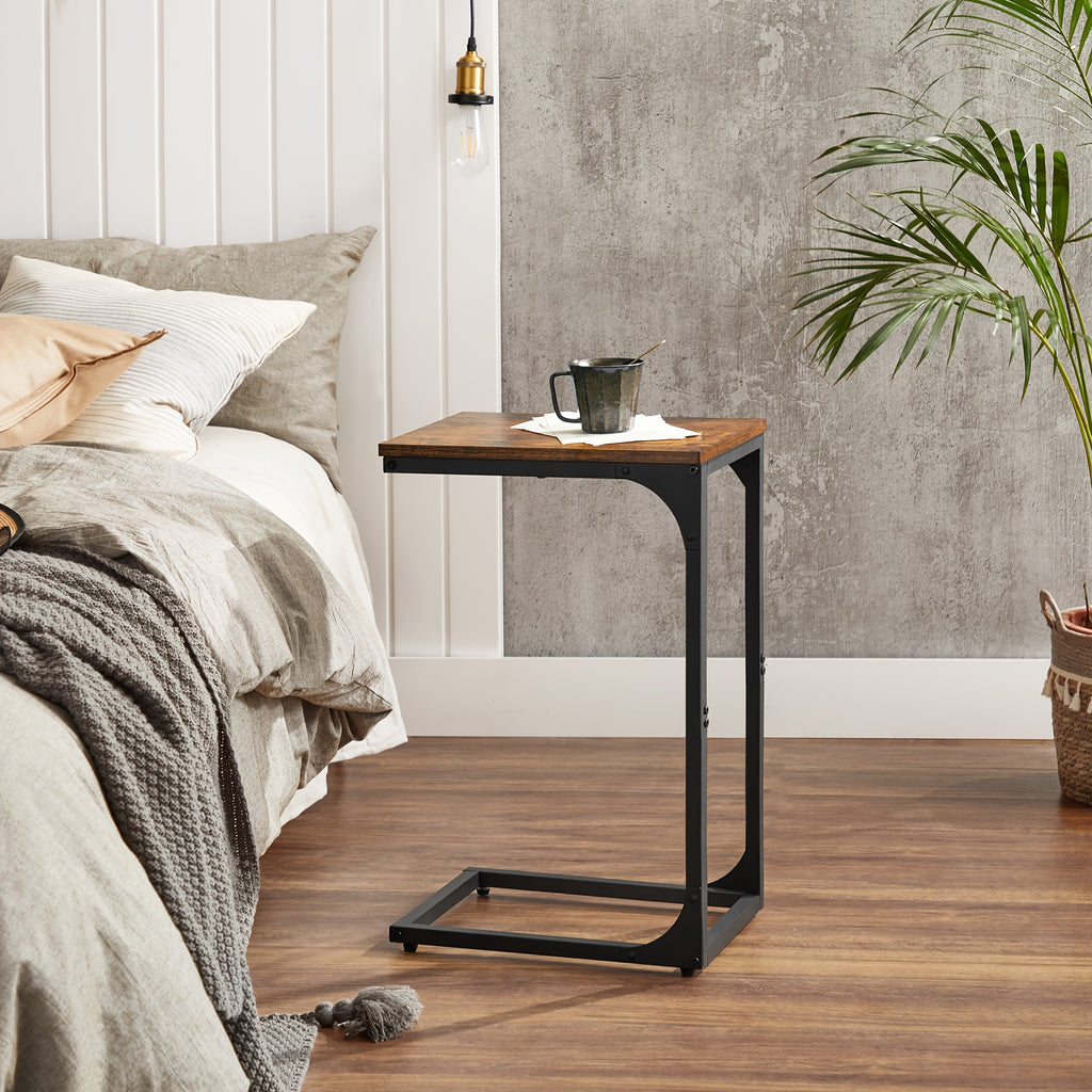 C-Shaped End Table, Sofa Table With Metal Frame For Living Room, Bedroom, Small Side Table For Couch, Bedside, Rustic Brown And Black