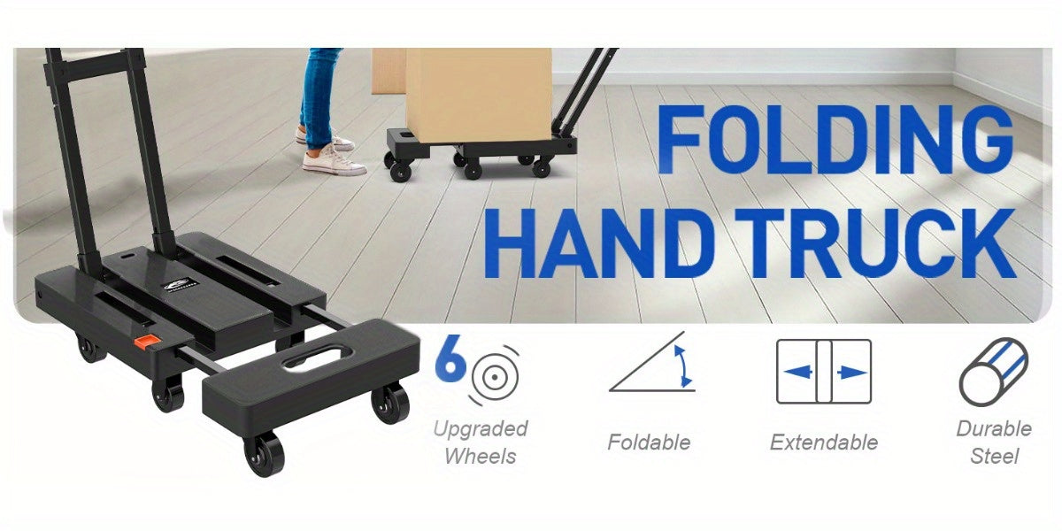 SPACEKEEPER Folding Hand Truck, 500 Lbs Heavy Duty Foldable Luggage Cart, 6 Wheels Utility Dolly Platform Cart with 2 Elastic Ropes, Portable Collapsible Dolly Cart with Extendable Base, Black Folding Cart, Travel, Moving, Shopping, Industry, Office
