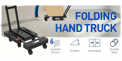 Folding Hand Truck 500 Lbs Heavy Duty, 6-Wheel Collapsible Dolly Cart with Extendable Base, Adjustable Telescoping Handle, 2 Elastic Ropes, Portable Luggage Cart for Moving Shopping Travel Industry