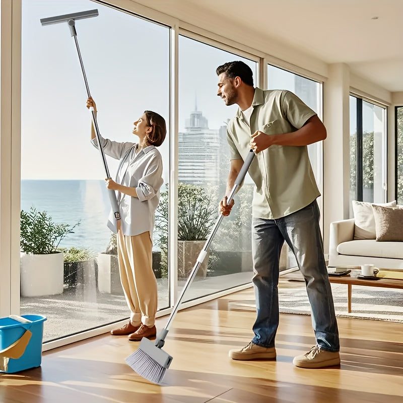 [Multi-Functional Cleaning Set] Extra-Long Broom And Dustpan Combo with Floor Brush And Window Scraper Indoor/Outdoor Household Sweeping Kit for Tile, Wood Floors, Kitchen, Pet Hair, And Daily Cleaning