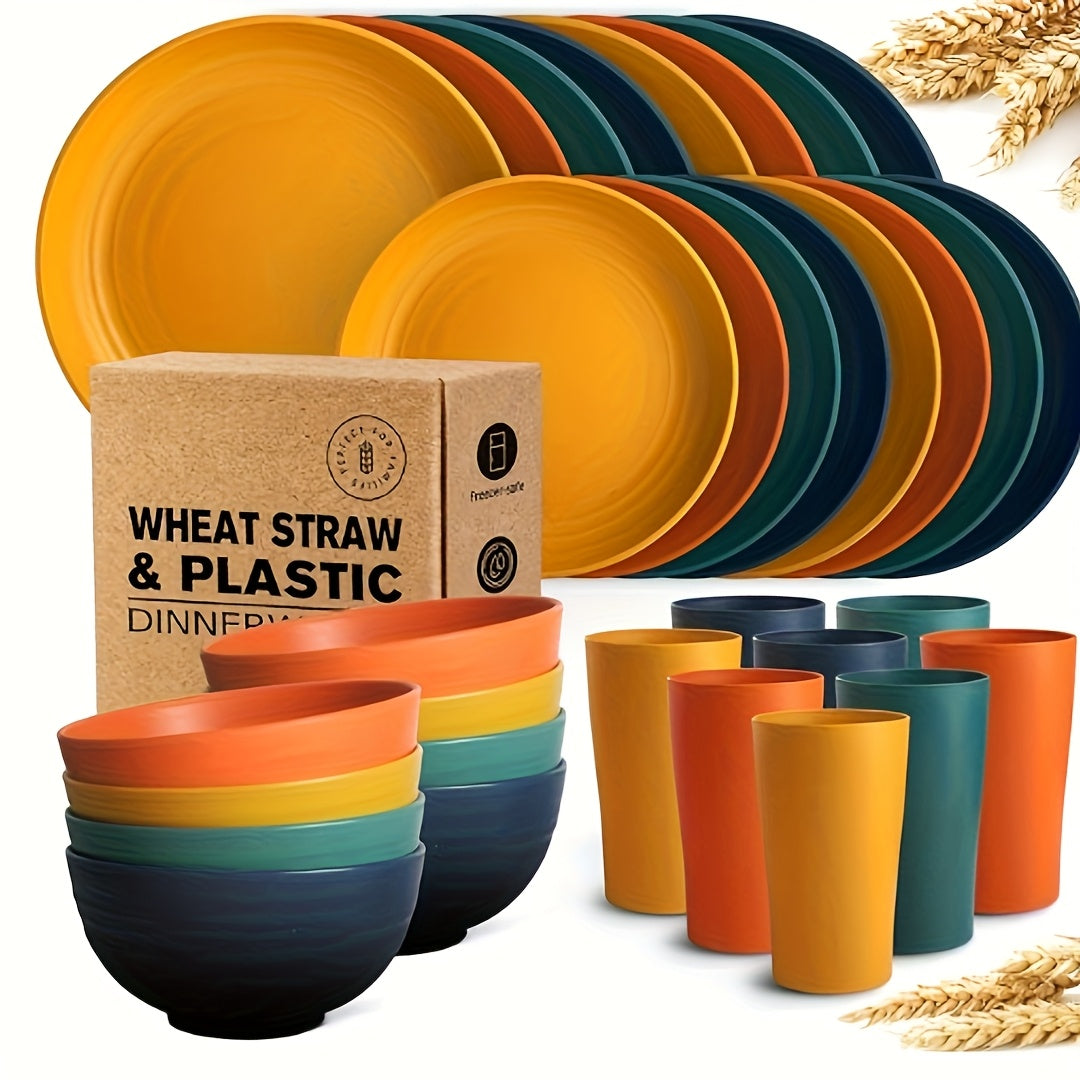 Wheat Straw Dinnerware Set 16/32pcs – Eco-Friendly Plates, Dessert Plates, Cereal Bowls & Cups for 4/8 People, Durable Shatterproof Outdoor Camping Tableware for Family Gatherings, Parties & Everyday Use, Multiple Colours