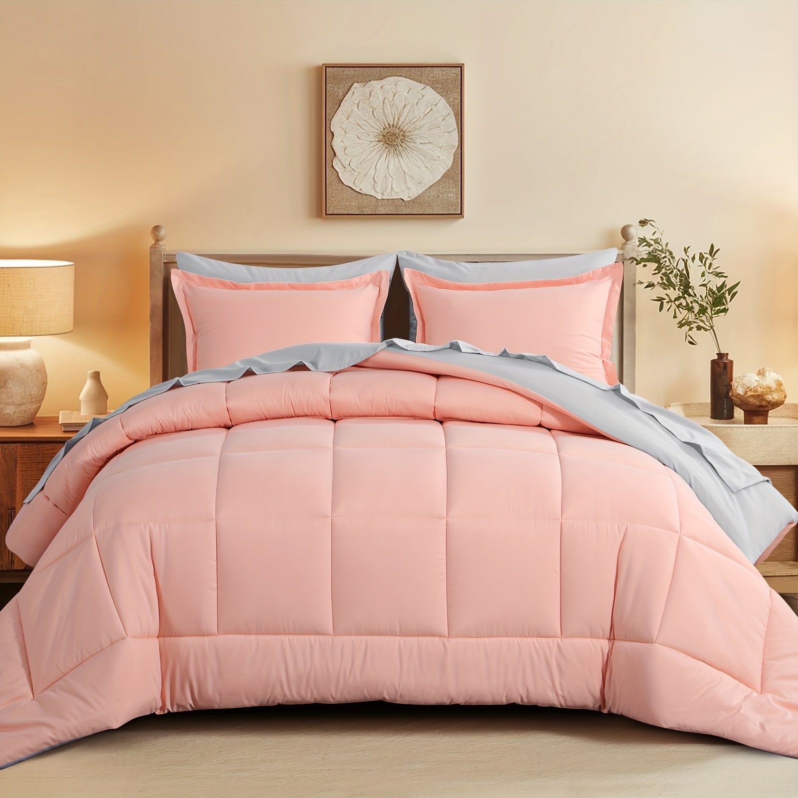 7pcs Reversible Bedding Set Soft Microfiber – Lightweight Breathable Comforter Flat Sheet Fitted Sheet & Pillowcases, All-Season Family Bedding Gift Set