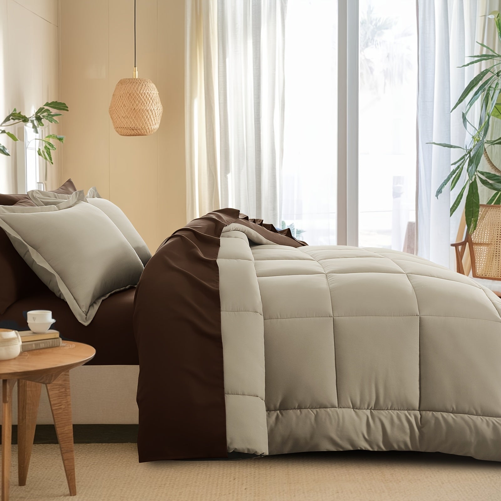 7pcs Reversible Bedding Set Soft Microfiber – Lightweight Breathable Comforter Flat Sheet Fitted Sheet & Pillowcases, All-Season Family Bedding Gift Set