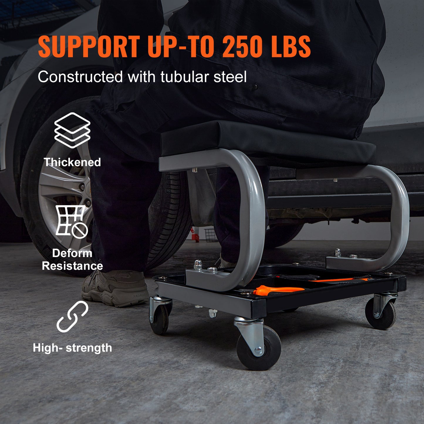 VEVOR Rolling Mechanic Stool 250 LBS Capacity Padded Garage Shop Seat with Tool Tray Storage, 360° Casters, 14.2" Height for Auto Repair, Workshop & Home Canada