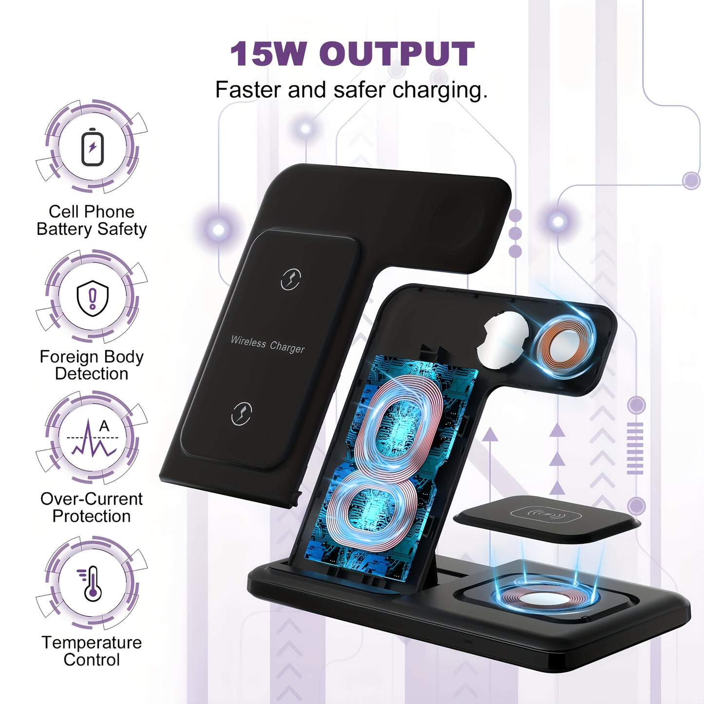 Neohost 3-in-1 Wireless Charging Station for iPhone 17 16 15 Pro Max 13 12 11 & Apple Watch Series 2-10 Ultra - Multi-Device Wireless Charger Pad, Auto Accessories Compatible