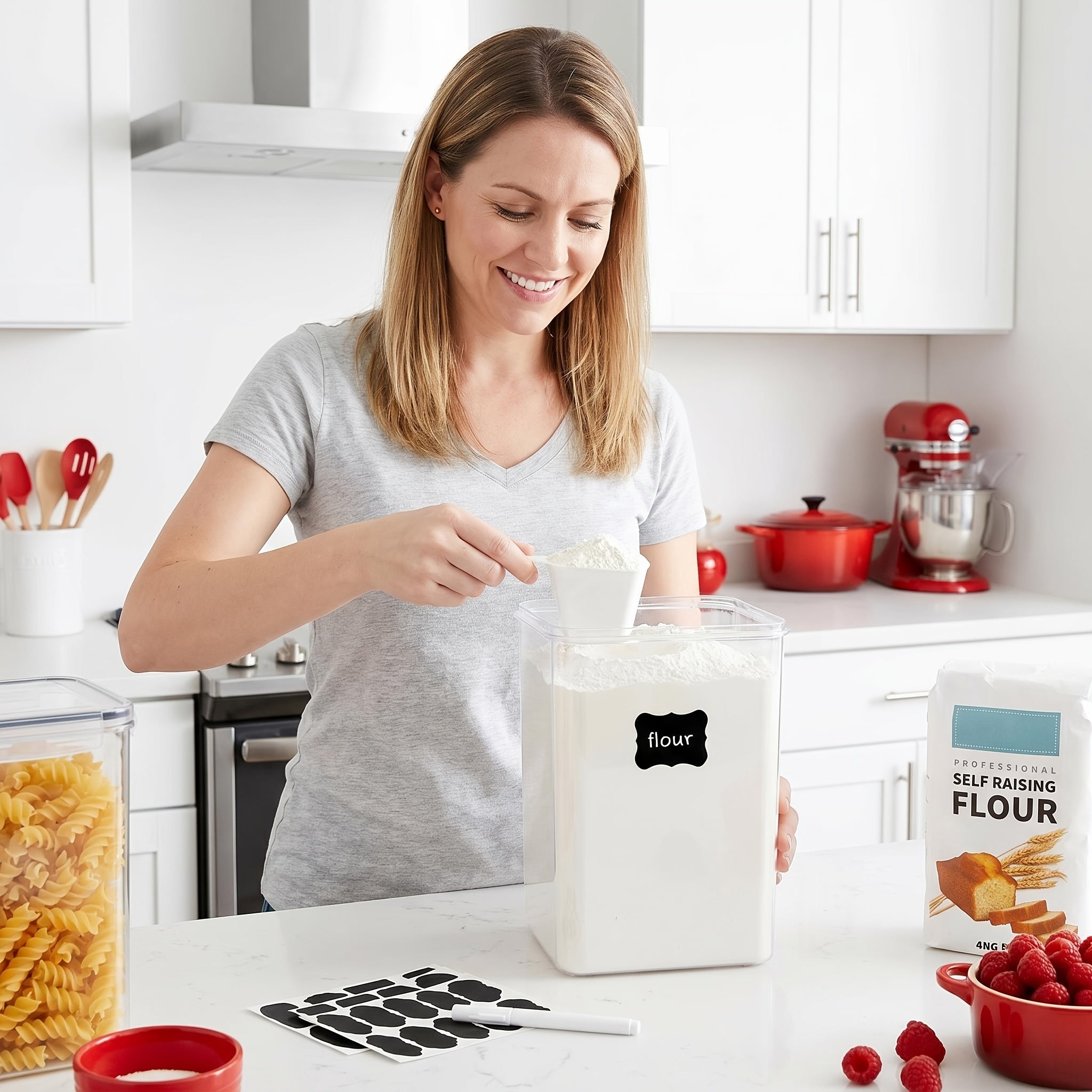 4pcs Large Food Storage Containers 5.2L/ 175oz, BPA Free Plastic Airtight Canisters for Flour, Sugar, Baking Supplies, Rice with Lids, 4 Measuring Cups and 24 Labels, Black