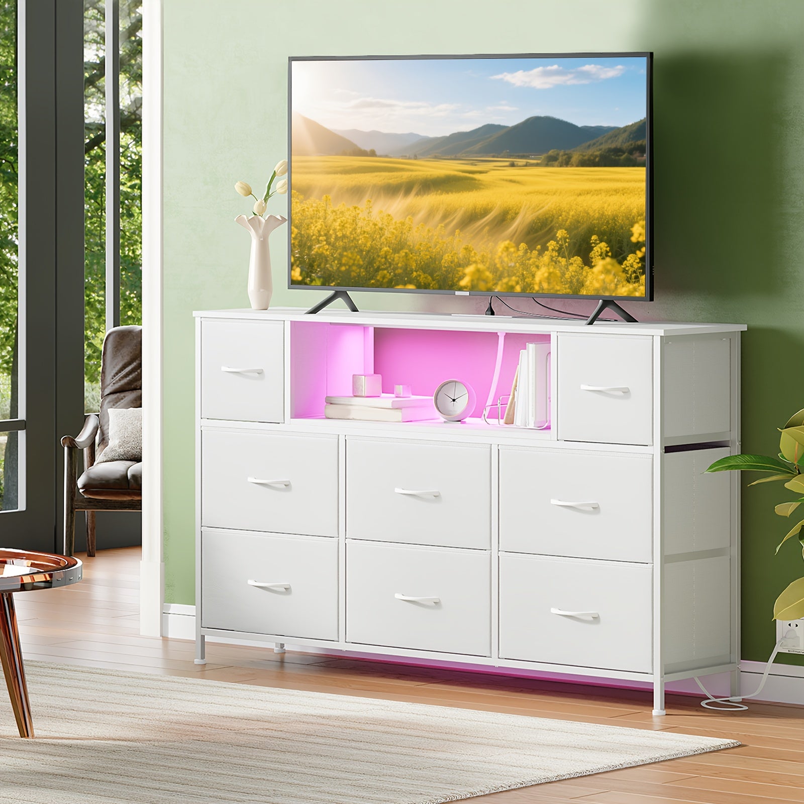 EUNOS Dresser with Power Outlet And LED Lights, 8 Drawer Fabric Dresser for Bedrrom, Chest Of Drawers with Metal Frame, TV Stand with Wood Top for 55inch