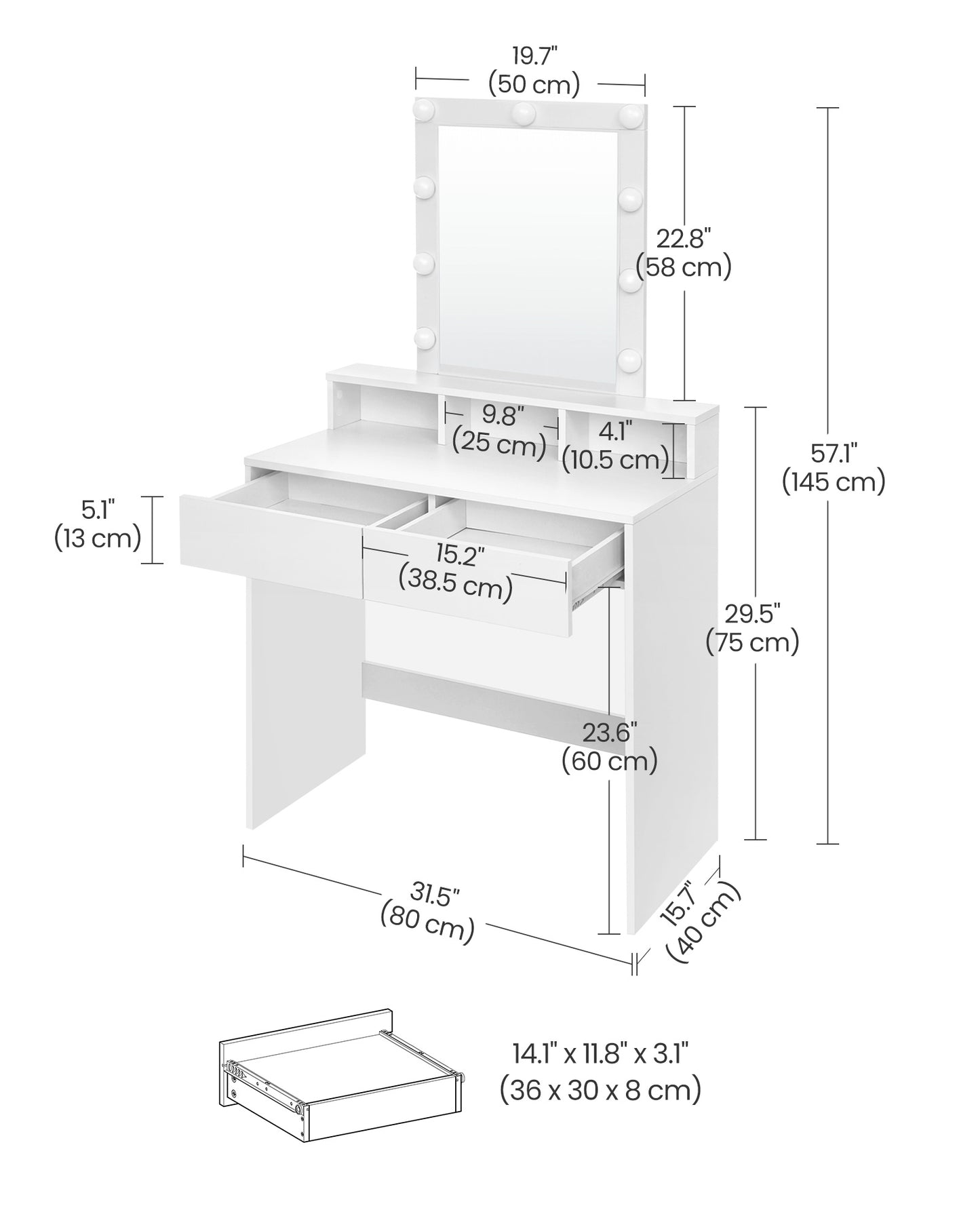 Lighted Vanity Desk with Mirror 31.5" Wide – Makeup Table with 9 Adjustable Brightness Bulbs, 2 Drawers & 3 Storage Compartments, Anti-Tip Kit, Modern White Dressing Table for Bedroom