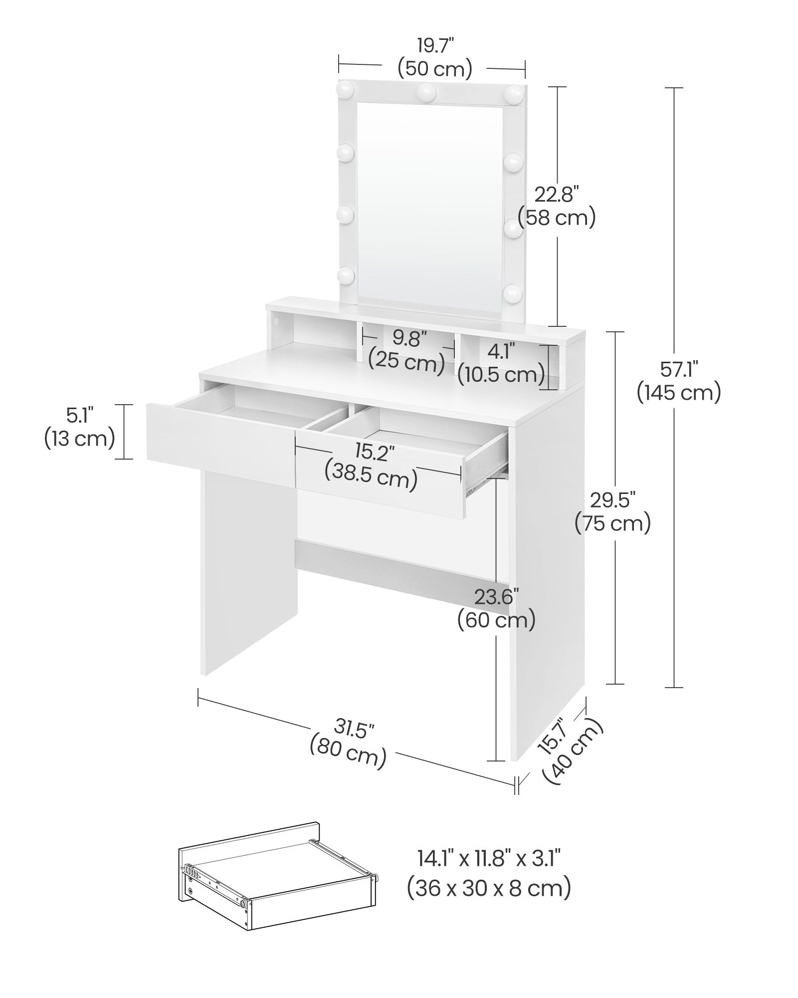 Vanity Desk with Mirror, Makeup Vanity Table with Lights, Adjustable Brightness, 31.5-Inch Wide Makeup Desk with 2 Drawers, 3 Storage Compartments, for Bedroom, Modern, White