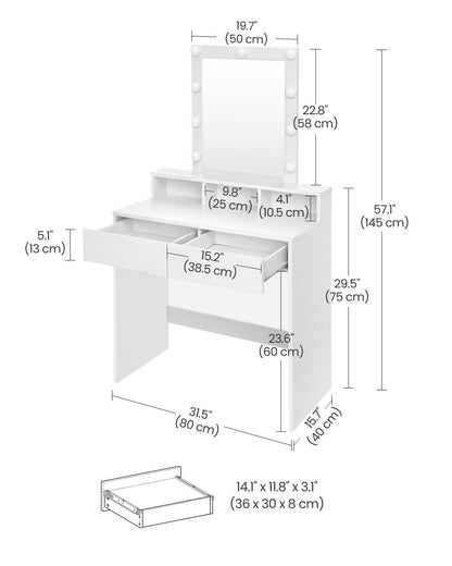 Lighted Vanity Desk with Mirror 31.5" Wide – Makeup Table with 9 Adjustable Brightness Bulbs, 2 Drawers & 3 Storage Compartments, Anti-Tip Kit, Modern White Dressing Table for Bedroom