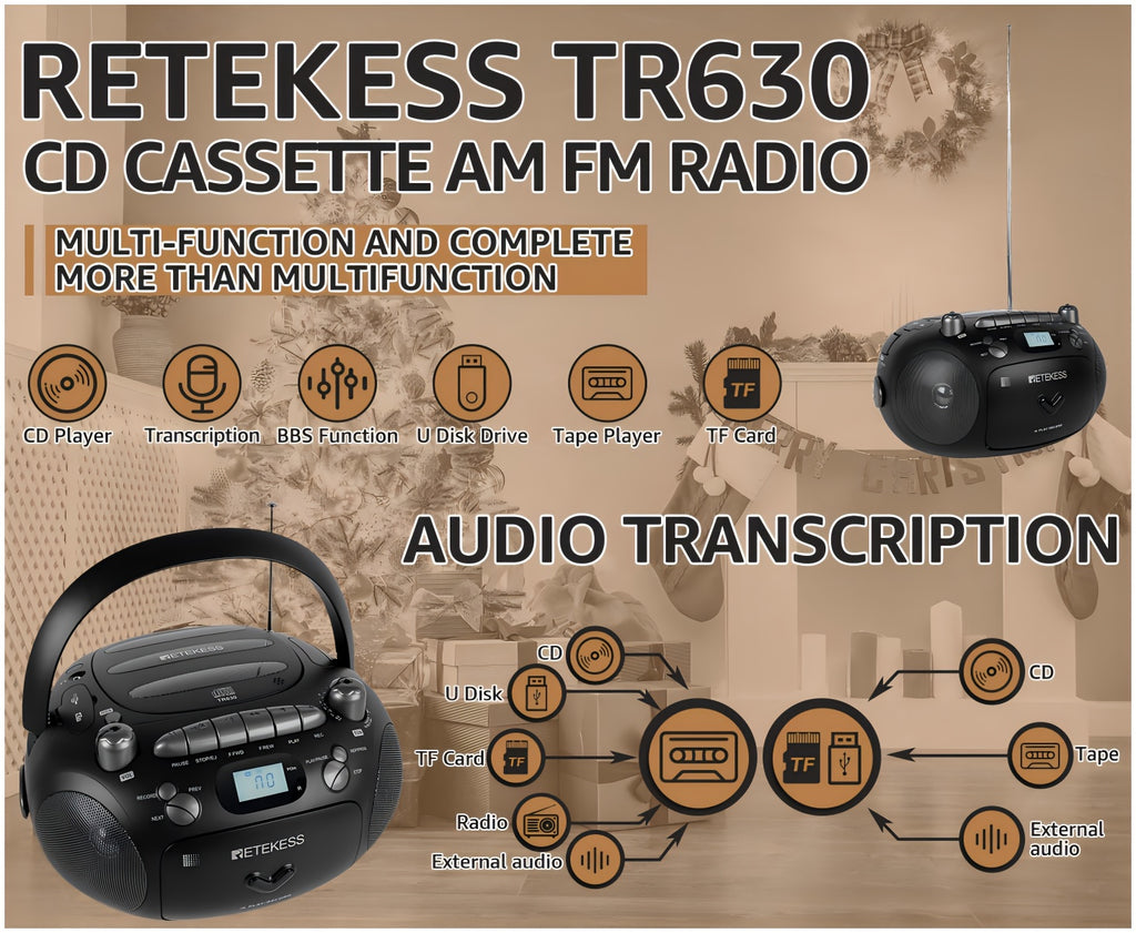 Retekess TR630 CD & Cassette Player Combo, Portable Boombox, AM/FM Radio, Supports Stereo Sound, USB, Micro SD, CD Player for Home, with Recording, MP3 Playback, Tape Recording, TF/USB Drive, Headphone Jack, Stereo Sound, Bass Boost Function