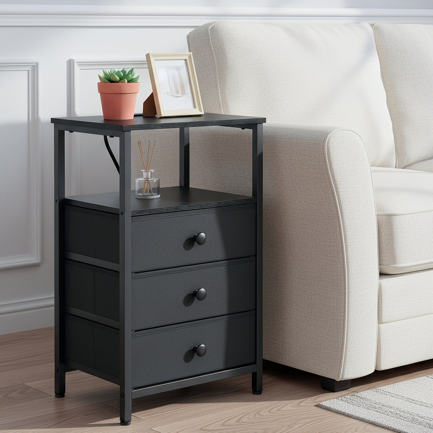 AMHANCIBLE Nightstand with Charging Station & 3 Fabric Drawers - Modern Bedside Table Set of 1 or 2, Spring Design, Bedroom & Living Room End Table Storage