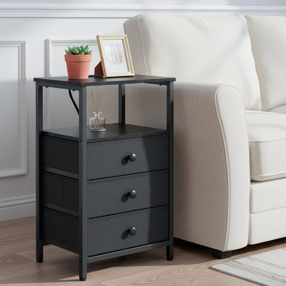 AMHANCIBLE Nightstand with Charging Station & 3 Fabric Drawers - Modern Bedside Table Set of 1 or 2, Spring Design, Bedroom & Living Room End Table Storage