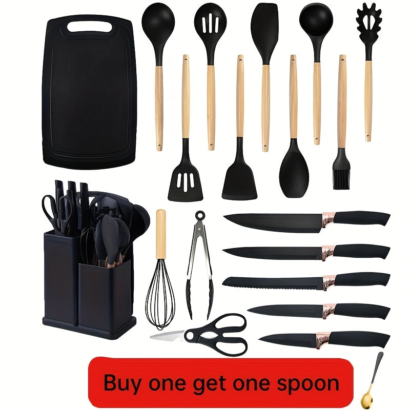 19pcs Kitchen Cooking Utensils And Knife Set with Block, Include 11pcs Silicone Cooking Utensils Set 5pcs Sharp Stainless Steel Chef Knives Scissors Whisk Tongs And Cutting Board
