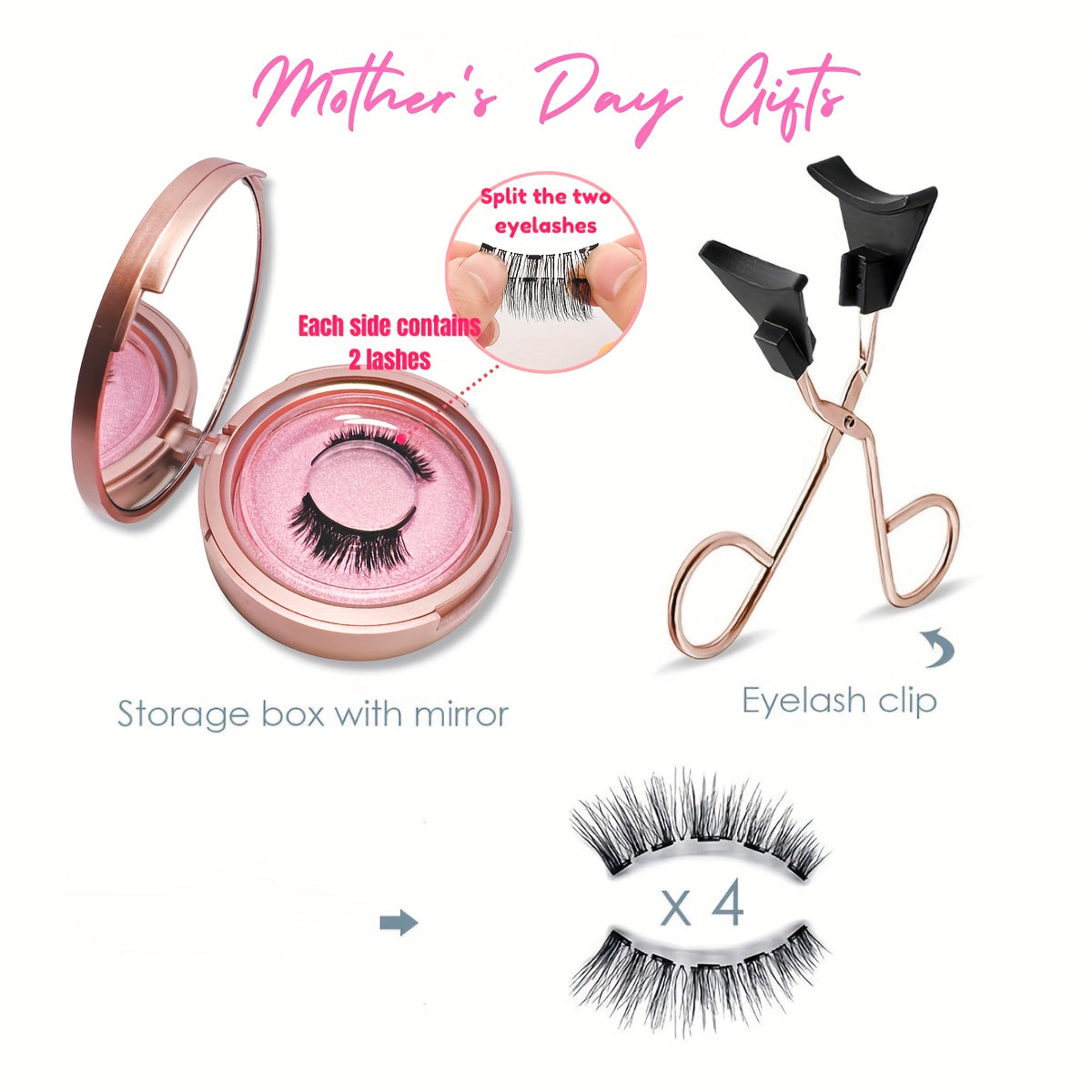 Magnetic Eyelashes Set Glue-Free – 4/8 Pairs Cat Eye False Lashes with Applicator, Reusable & Waterproof, Black & Pink | Daily Wear, Parties & Valentine's Day Gift