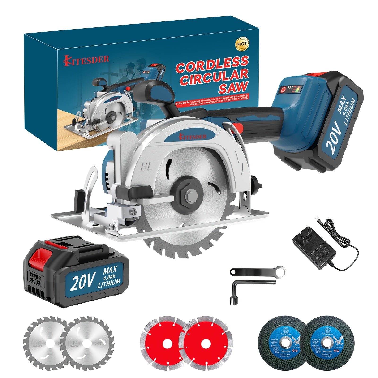 20V Cordless Circular Saw Kit 4-1/2" – 6900RPM with 6 Saw Blades, Metal Auxiliary Handle & Battery – Cuts Wood, Metal, Plastic, Drywall & Tile – Power Saw for DIY & Renovation