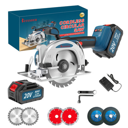 20V Cordless Circular Saw Kit 4-1/2" – 6900RPM with 6 Saw Blades, Metal Auxiliary Handle & Battery – Cuts Wood, Metal, Plastic, Drywall & Tile – Power Saw for DIY & Renovation