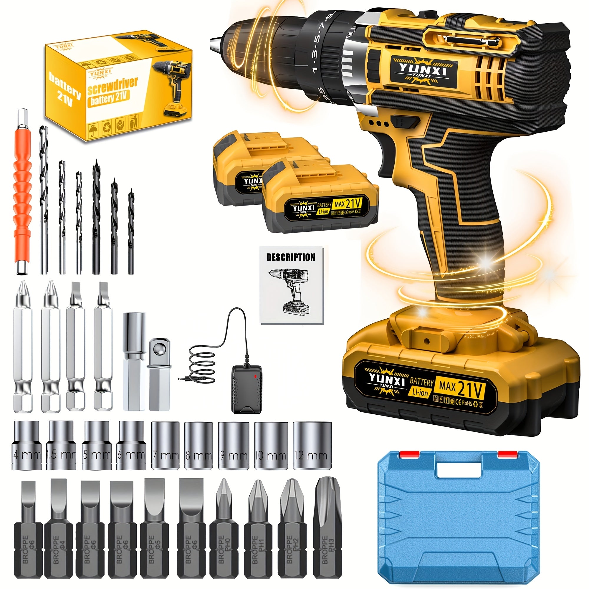 21V Cordless Drill Electric Screwdriver – Lithium Impact Drill Kit with Multifunctional Pistol Grip, Rechargeable Power Tool for Home & DIY