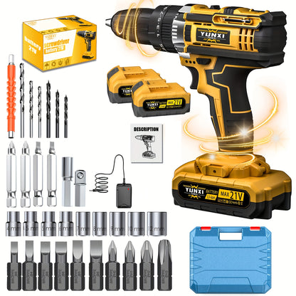 21V Cordless Drill Electric Screwdriver – Lithium Impact Drill Kit with Multifunctional Pistol Grip, Rechargeable Power Tool for Home & DIY