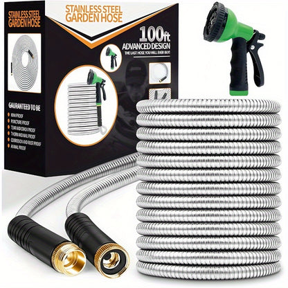 304 Stainless Steel Metal Garden Hose – Flexible Kink-Free Leakproof Water Hose with 10-Function Spray Nozzle & Brass Connectors, Corrosion & UV Resistant, Lightweight for Lawn Farm Construction – 25ft 50ft 75ft 100ft