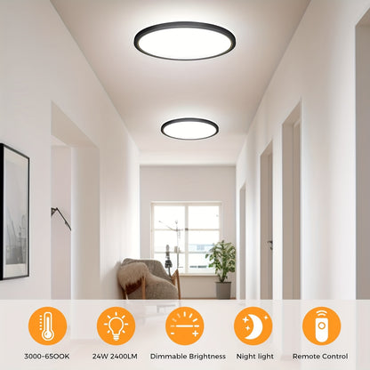 LED Flush Mount Ceiling Light 12 Inch with Remote Control – Dimmable 10-100%, 3-Colour Temperatures 3000K-6500K + 1800K Night Light | Low Profile Eye-Care Flicker-Free for Bedroom Kitchen Hallway, Black