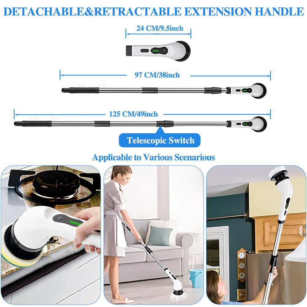 Cordless Electric Brush Rotary Washer, Dual Adjustable Speed, for Cleaning Home,Christmas Gift,Xmas Gift, Adjustable And Detachable Alloy ARM Up To 125cm,Handle Shower Washer with 9 Replaceable Brush Heads, Suitable for Floors, Bathrooms, Bathtubs, Car,Ti